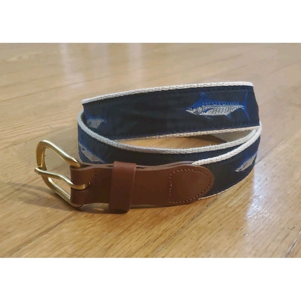 Leather Man Limited USA Canvas Leather Belt Marlin Fish Size 40 Adjustable Blue